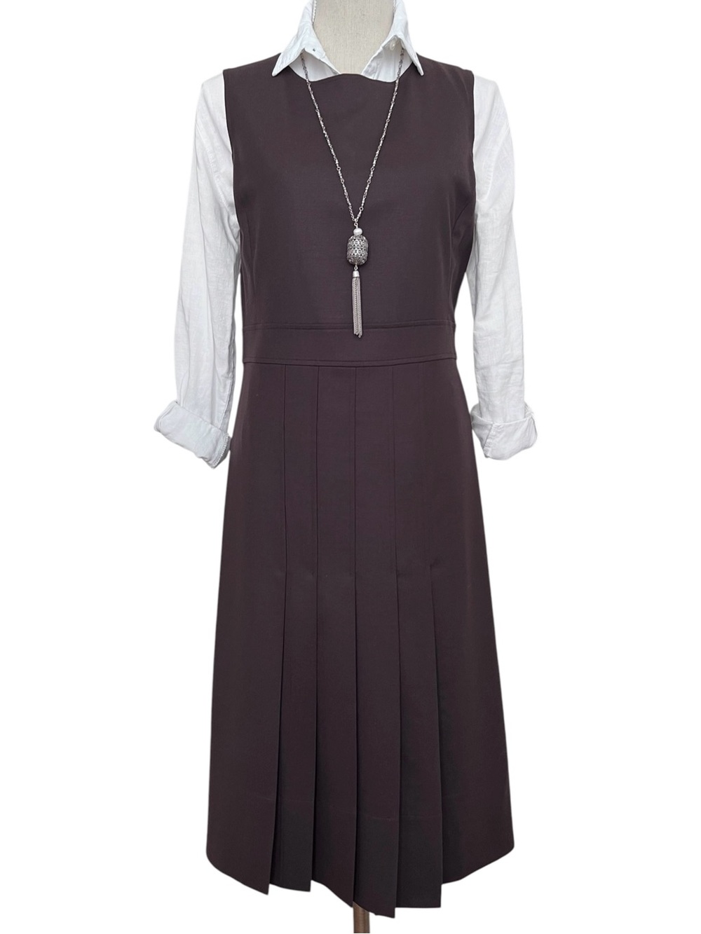 Vintage Barneys New York Espresso Brown Virgin Wool Pleated Jumper Dress Size 10